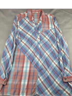 Soft Surroundings Large Coral and Sky Blue Soft Plaid Tunic Lg Sleeve Button Up